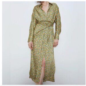 Zara Floral Wrap Shirt Midi Dress Green Orange Medium